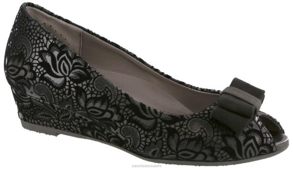 juhlakengät SAS Shoes ava peep toe wedge musta kukkainen naiset XTJ24Z402
