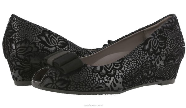 juhlakengät SAS Shoes ava peep toe wedge musta kukkainen naiset XTJ24Z402